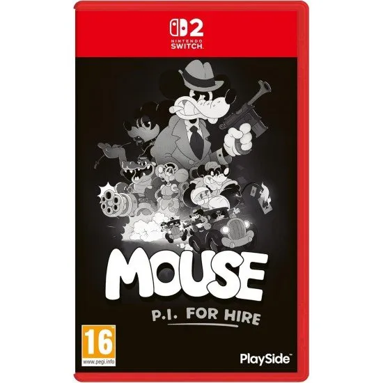 A black and white hand-drawn cartoon mouse in a trench coat holding a crackling machine gun in a gritty city alley