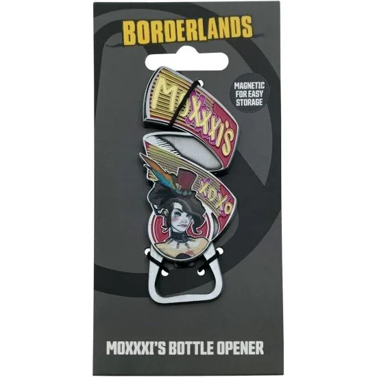 A sturdy metal bottle opener shaped with Mad Moxxi's signature top hat and heart motif from the Borderlands video game series