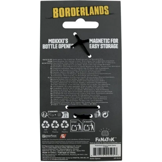 A sturdy metal bottle opener shaped with Mad Moxxi's signature top hat and heart motif from the Borderlands video game series