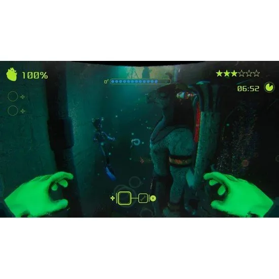 A group of divers in yellow suits retrieving a body from a dark, overgrown underwater lab