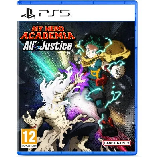 My Hero Academia: All's Justice PS5 box art showing Deku, Bakugo, and Shigaraki in their final, powered-up forms ready for 3v3 combat