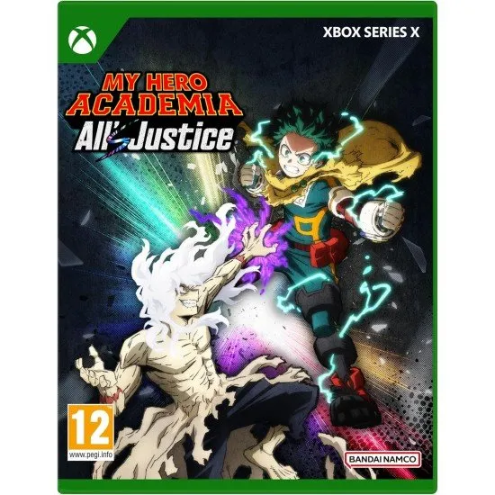 My Hero Academia: All's Justice Xbox Series X box art showing Deku, Bakugo, and Shigaraki in their final, powered-up forms ready for 3v3 combat