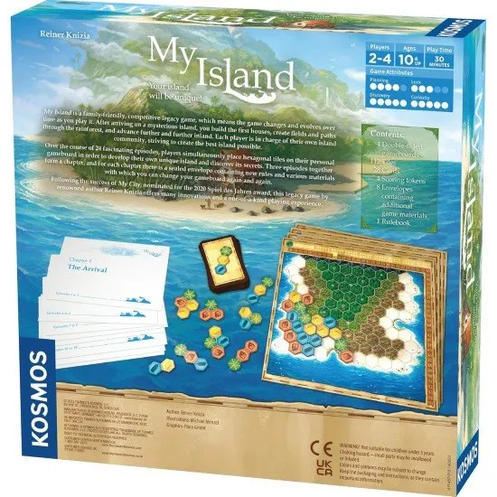 My Island legacy board game showing hexagonal island tiles and evolving gameplay across 24 sessions