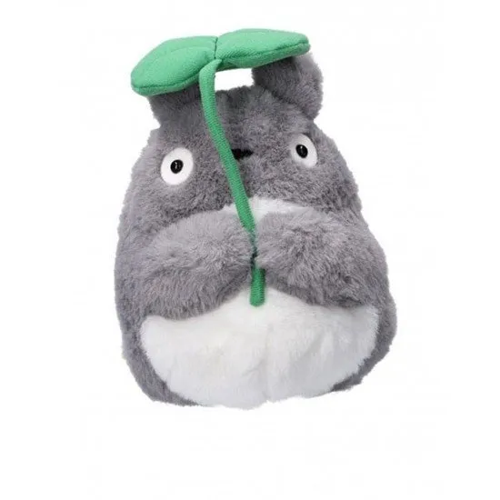 My Neighbor Totoro Plush with Leaf Semic Studio Ghibli 21cm My Neighbor Totoro Plush with Leaf, showing the grey Totoro character holding a green leaf over his head