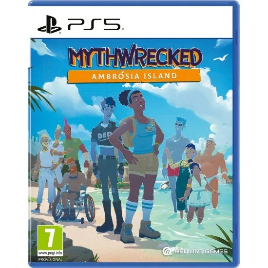 Mythwrecked: Ambrosia Island game cover showing the main character Alex with Greek gods on a sunny, mysterious island