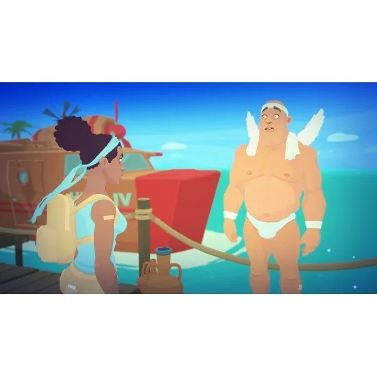 Mythwrecked: Ambrosia Island game cover showing the main character Alex with Greek gods on a sunny, mysterious island