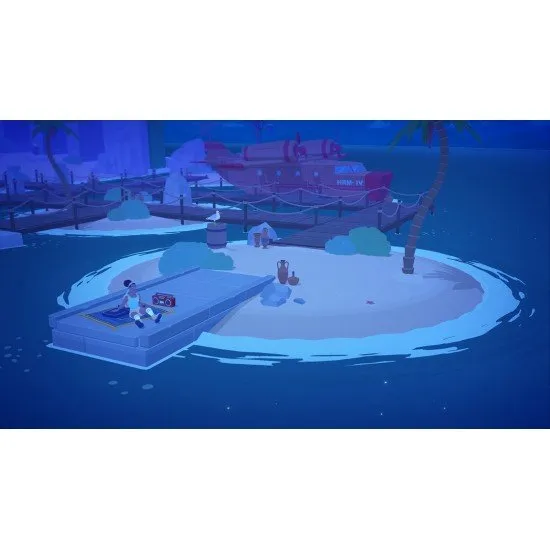 Mythwrecked: Ambrosia Island game cover showing the main character Alex with Greek gods on a sunny, mysterious island