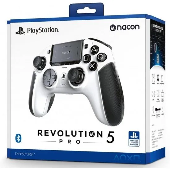 A premium white pro-grade controller with an asymmetrical stick layout, featuring a textured grip and metallic accents