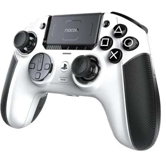 A premium white pro-grade controller with an asymmetrical stick layout, featuring a textured grip and metallic accents