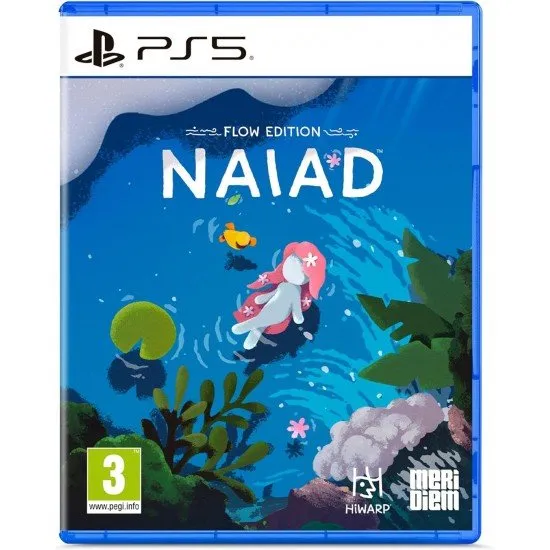 Naiad diving through a calm lake surrounded by butterflies and rabbits in a hand-crafted art style