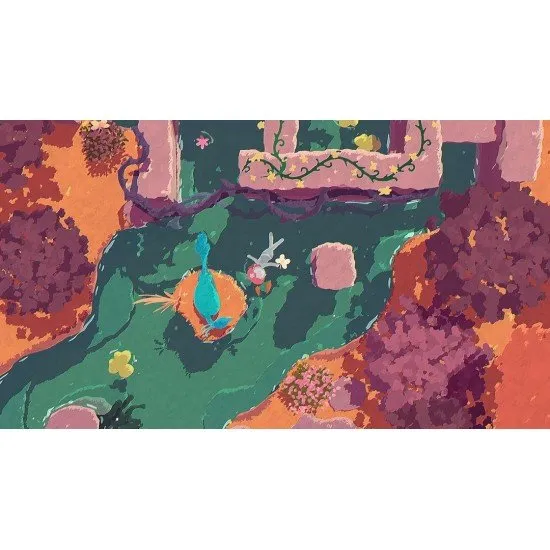 A colourful and artistic top-down view of Naiad swimming through a vibrant river filled with fish and flora