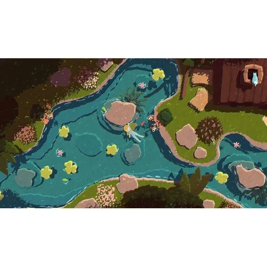 A colourful and artistic top-down view of Naiad swimming through a vibrant river filled with fish and flora
