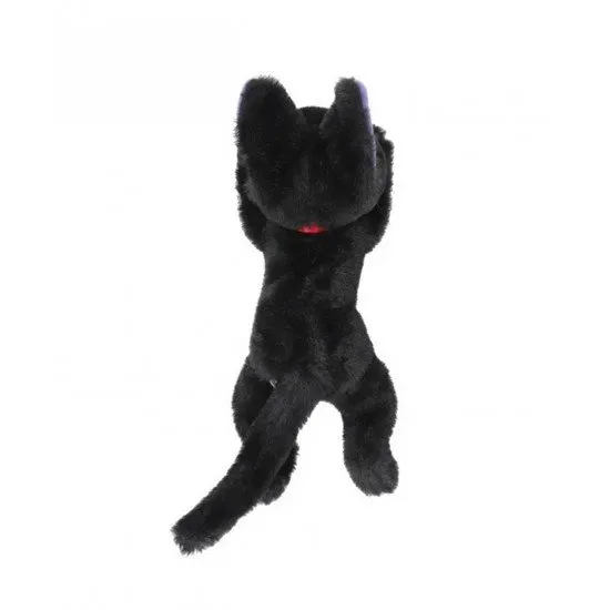 Jiji the black cat plush in a relaxed laying position with a red bow and soft fabric finish