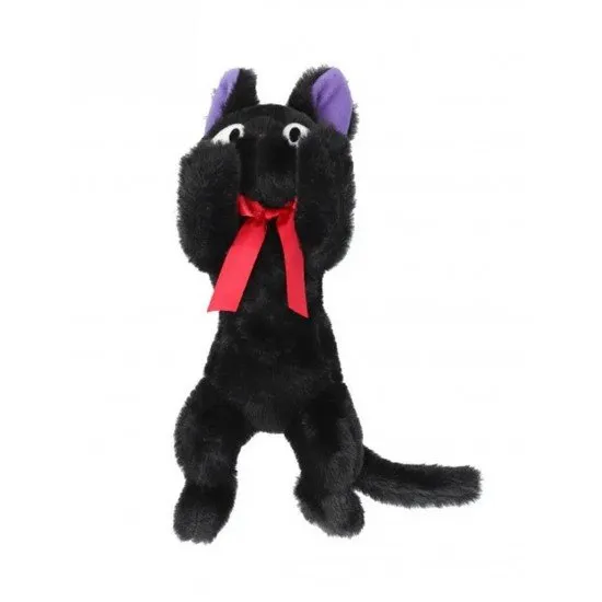 Jiji the black cat plush in a relaxed laying position with a red bow and soft fabric finish