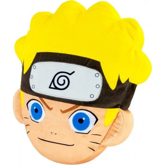 An official 15-inch Naruto Head plush toy from the Club Mocchi Mocchi collection, with a soft, squishy texture.