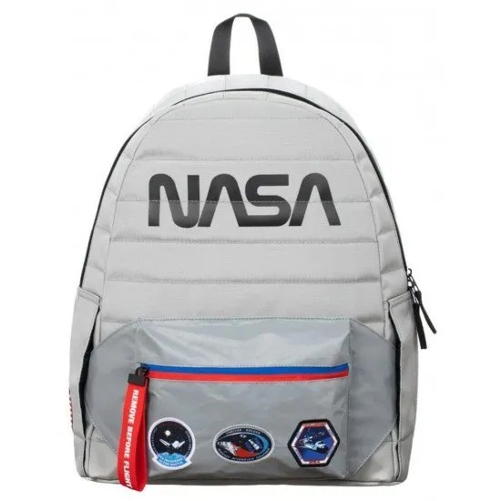 NASA Patches Backpack showing the main bag and the detachable bum bag/fanny pack featuring the NASA Worm logo and printed patches