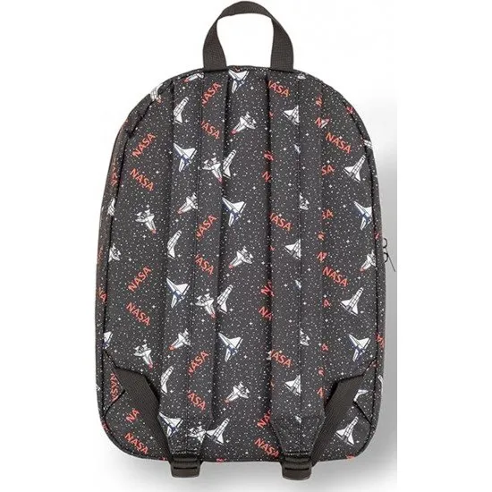 NASA Logo And Ship Backpack showing a repeating print of the classic NASA logo and spacecraft imagery