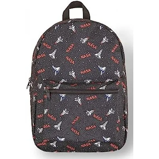 NASA Logo And Ship Backpack showing a repeating print of the classic NASA logo and spacecraft imagery
