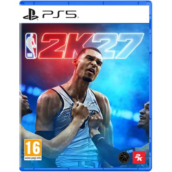 PlayStation 5 game case for NBA 2K27 showcasing dramatic arena lighting and elite basketball player gameplay action