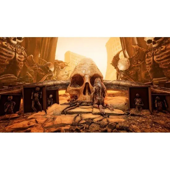 Grotesque and haunting architecture in a dark cosmic horror setting with a decaying vessel walking forward