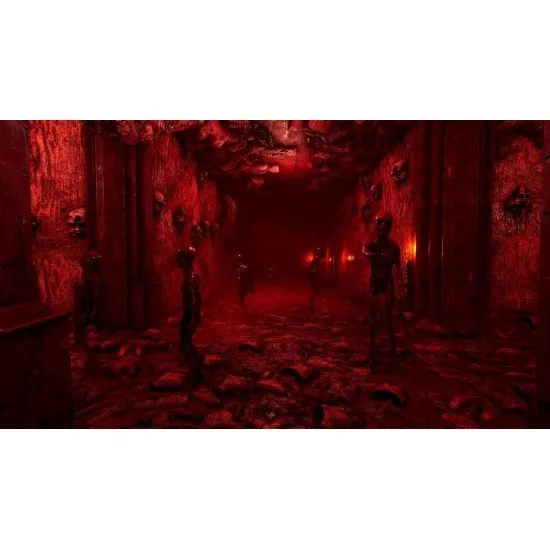 Grotesque and haunting architecture in a dark cosmic horror setting with a decaying vessel walking forward