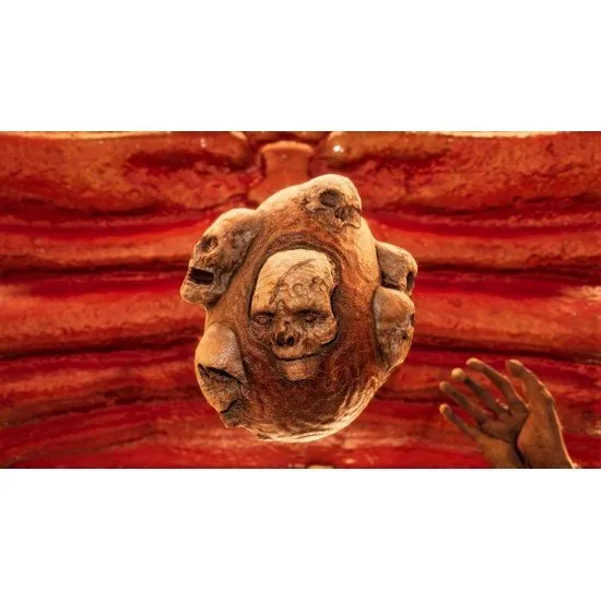 Grotesque and haunting architecture in a dark cosmic horror setting with a decaying vessel walking forward