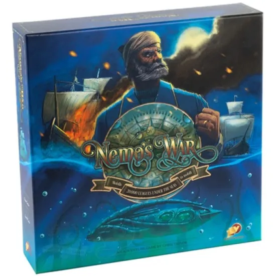 Nemo's War The Ultimate Edition board game box featuring Captain Nemo and Nautilus submarine artwork set in 1870 ocean adventure