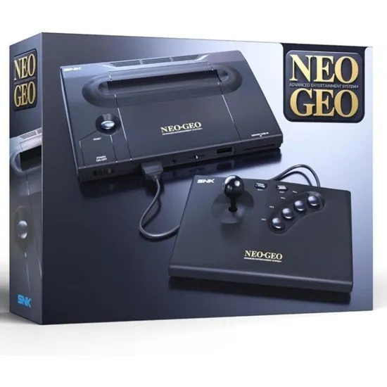 The sleek black NEOGEO AES+ console alongside its signature arcade-grade joystick controller