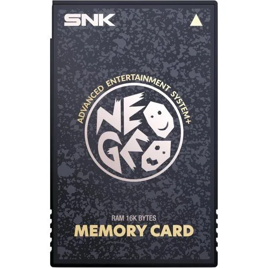 A sleek black NEOGEO AES+ memory card featuring the classic SNK branding and 1:1 original dimensions
