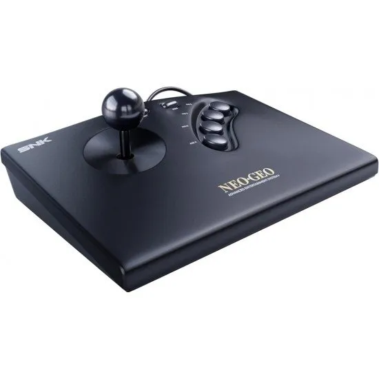 The classic black NEOGEO arcade stick with a ball-top joystick and four-button layout alongside its wireless dongle