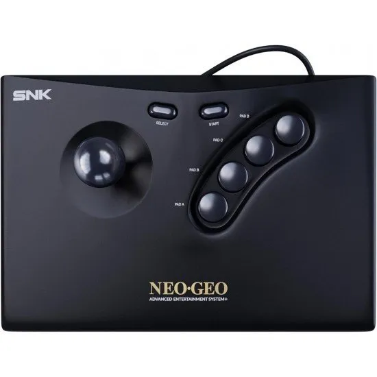 The classic black NEOGEO arcade stick with a ball-top joystick and four-button layout alongside its wireless dongle