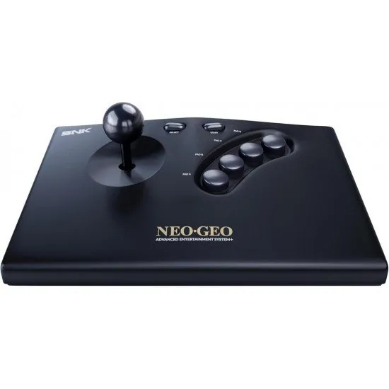 The classic black NEOGEO arcade stick with a ball-top joystick and four-button layout alongside its wireless dongle