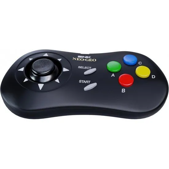 A sleek black wireless gamepad featuring the signature NEOGEO four-button layout and micro-switched thumbstick