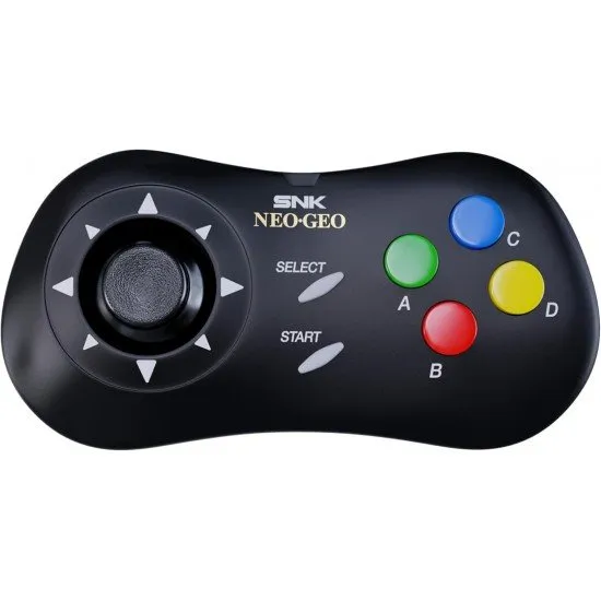 A sleek black wireless gamepad featuring the signature NEOGEO four-button layout and micro-switched thumbstick