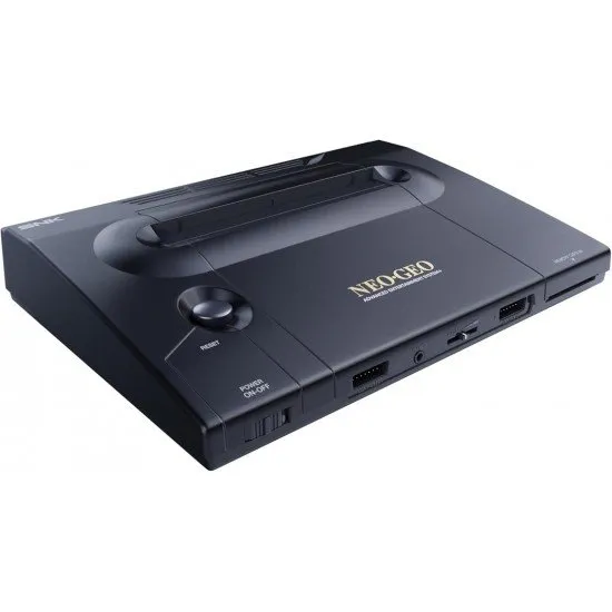 The sleek black NEOGEO AES+ console alongside its signature arcade-grade joystick controller