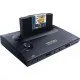 The sleek black NEOGEO AES+ console alongside its signature arcade-grade joystick controller