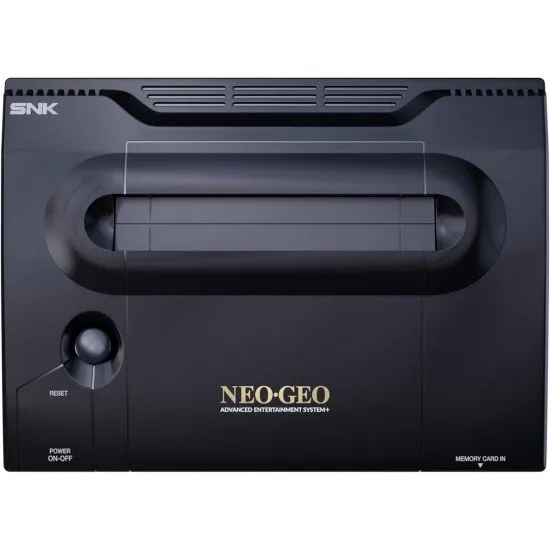 The sleek black NEOGEO AES+ console alongside its signature arcade-grade joystick controller