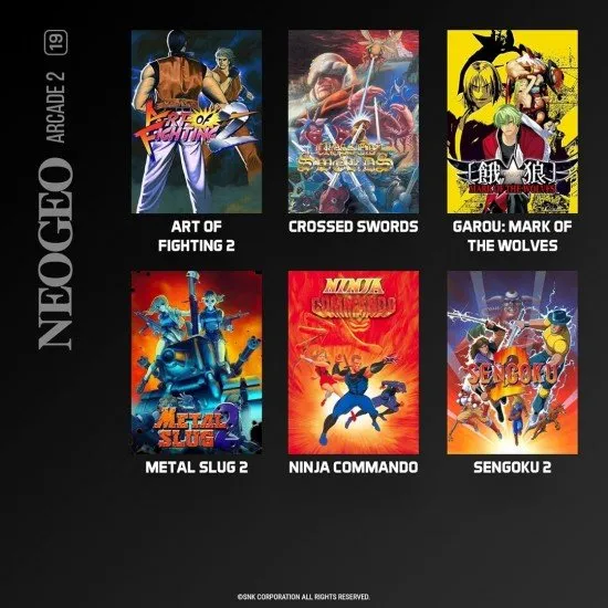 NeoGeo Arcade 2 Evercade cartridge box art showing characters from Garou, Metal Slug 2, and other included classics