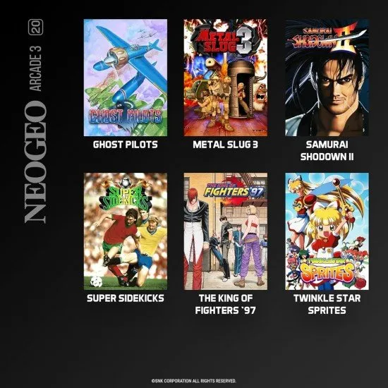 NeoGeo Arcade 3 Evercade cartridge box art showing characters from King of Fighters, Metal Slug 3, and Twinkle Star Sprites