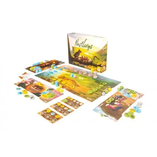 Colourful wooden bird pieces and resource tokens placed on a vibrant board depicting different natural habitats