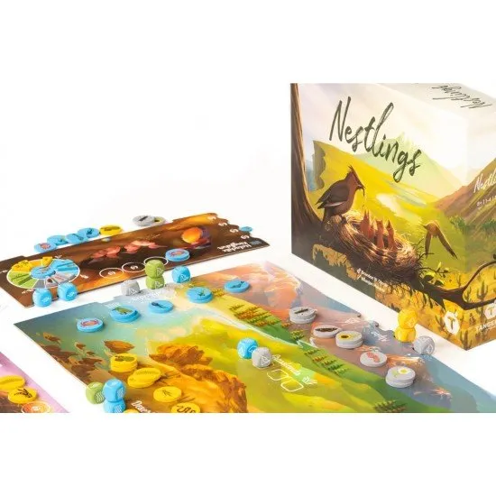 Colourful wooden bird pieces and resource tokens placed on a vibrant board depicting different natural habitats