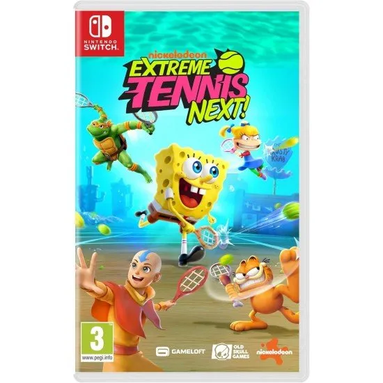 Animated characters playing a high-energy tennis match on a Nintendo Switch screen