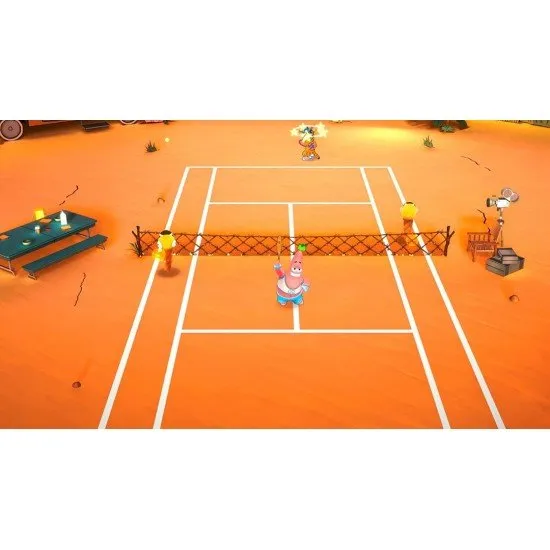 Nickelodeon characters playing a high-energy tennis match on a vibrant court in 4K