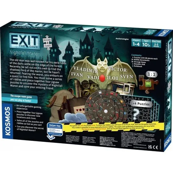 EXIT Nightfall Manor box art showing a mysterious gothic manor with puzzle pieces