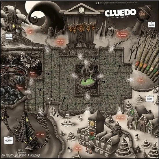 Cluedo Nightmare before Christmas The box art for the Cluedo Nightmare before Christmas board game, showing Jack Skellington and other characters on the board.