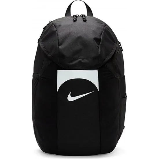 Nike Academy Team Backpack in Black/White showing the 30L capacity bag with ball pocket and adjustable padded straps
