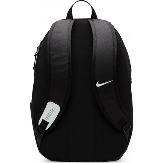 Nike Academy Team Backpack in Black/White showing the 30L capacity bag with ball pocket and adjustable padded straps