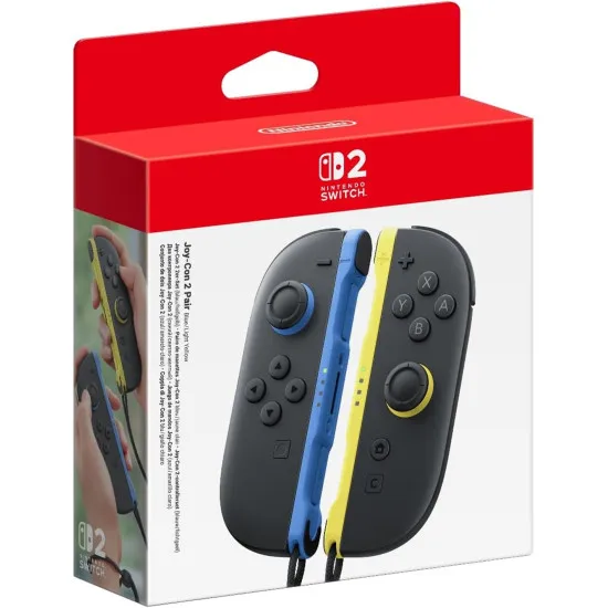 A retail box showing a pair of sleek Blue and Light Yellow Nintendo Switch 2 Joy-Con controllers equipped with matching dark grey safety straps