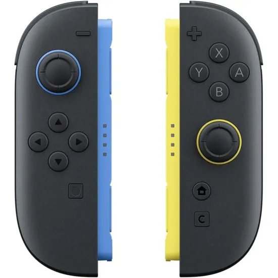 A retail box showing a pair of sleek Blue and Light Yellow Nintendo Switch 2 Joy-Con controllers equipped with matching dark grey safety straps