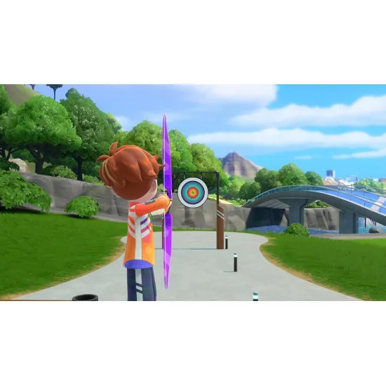 A Nintendo Switch 2 game case featuring a panoramic view of the sunny Wuhu Island resort with Miis and Sportsmates participating in archery, power cruising, and tennis